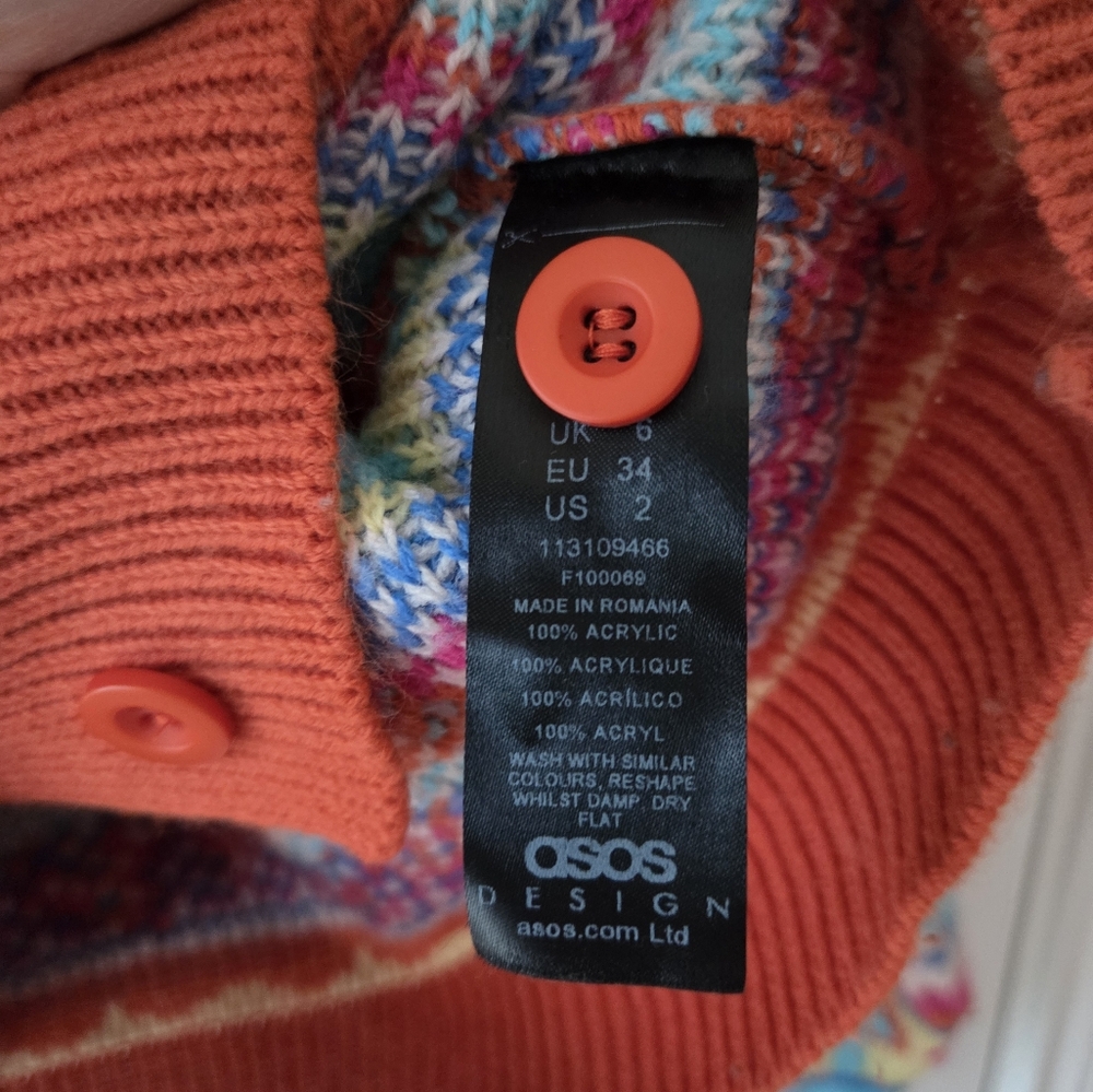 ASOS Patchwork Cardigan Sz 2 Dolphin Mushroom Rare Crew Neck Cottagecore - Picture 5 of 6